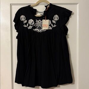 Knox Rose Black Top with White Embroidery